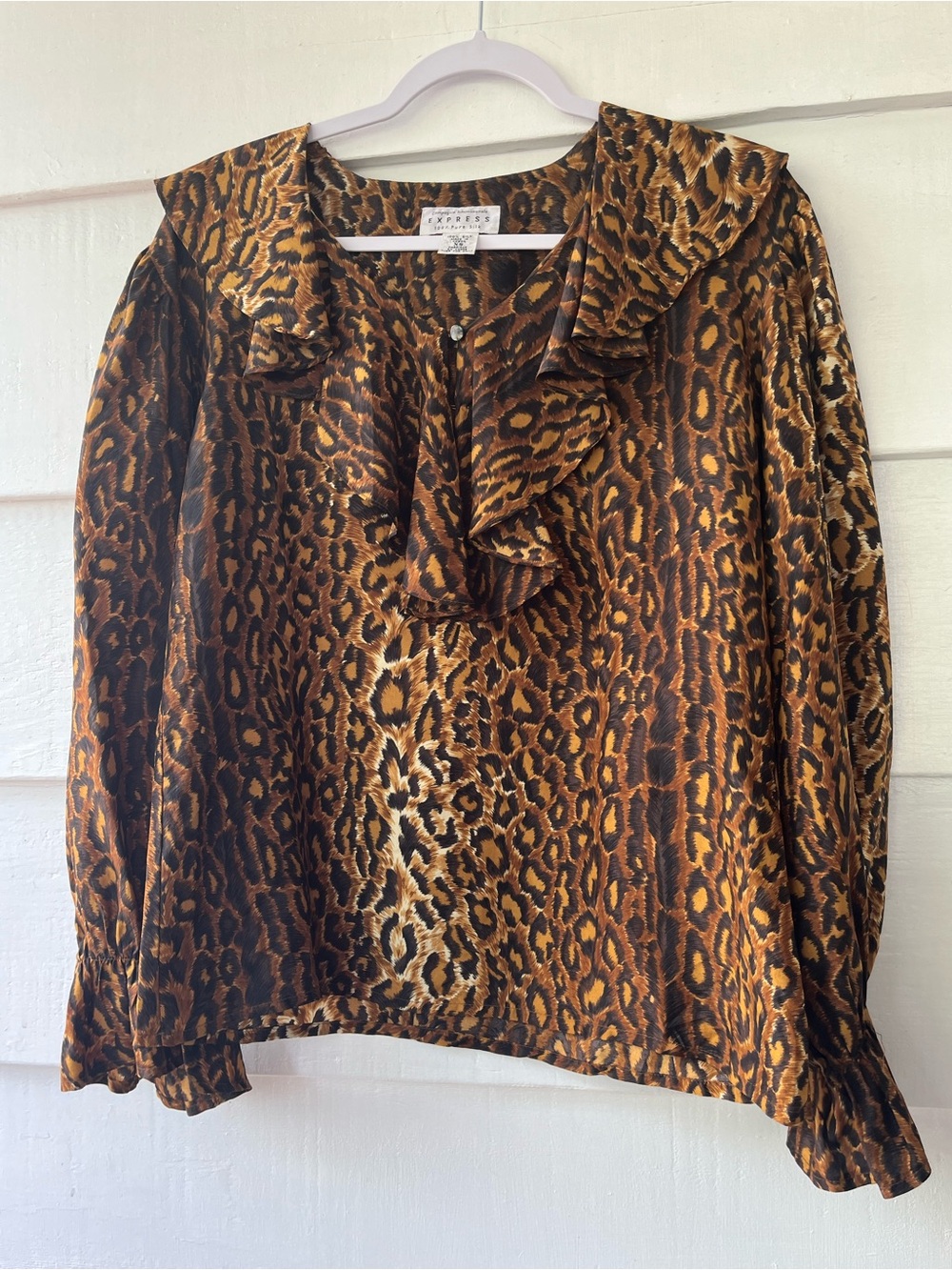 Leopard Print Ruffle Collar Women’s Blouse - Brown VYG Y2K Express 100% Silk XS
